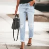 Europe and the United States selling new women's holes without elastic retro temperament fashion casual denim pants - Image 2