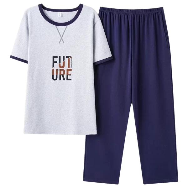 New Summer Fashion Men's Sleepwear Soft Cotton Pajamas Set for Gentleman Round Collar Grey Plain Loose Loungewear for Young Man - Image 23