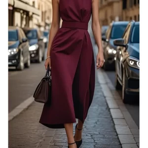Summer Fashion Solid Color Long Dresses 2025 Woman Sexy Round Neck Sleeveless High Waist Dress Elegant Commuting Lady Dress
