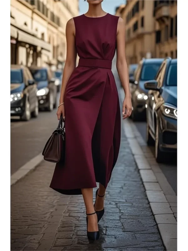 Summer Fashion Solid Color Long Dresses 2025 Woman Sexy Round Neck Sleeveless High Waist Dress Elegant Commuting Lady Dress