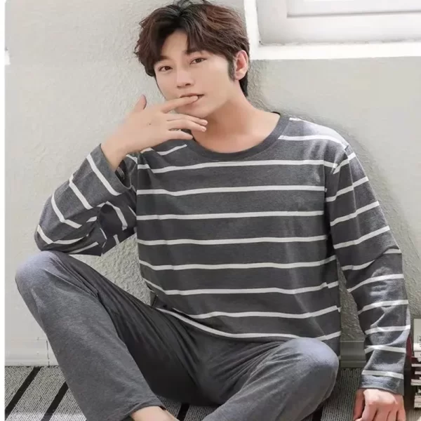 2PCS/Set Men's Pajamas Autumn Winter Long-Sleeved Fashion Soft Simple Casual Homewear Man Black Comfortable Striped Loungewear - Image 5
