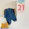 2024 Korean Spring Autunm Children Boys Onesie Cotton Denim Single Breasted Round Collar Jumpsuit Patched Pocket Pants Outfit