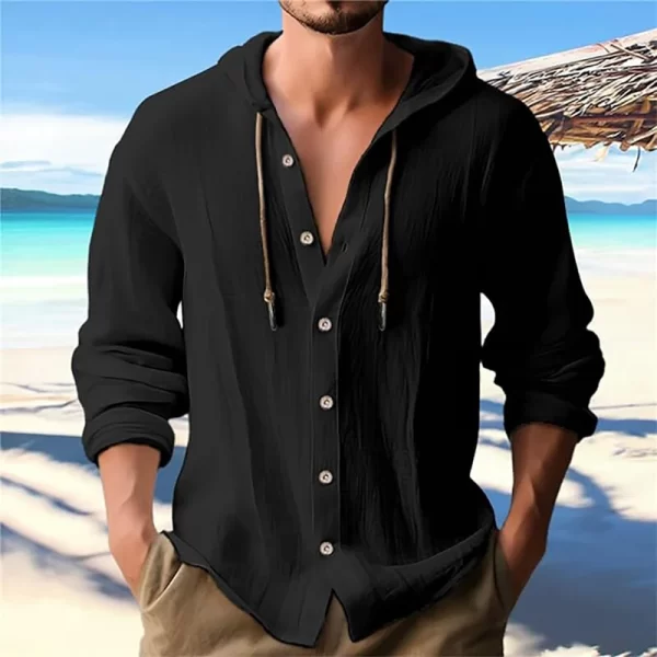 Summer Men's Linen Shirt Solid Streetwear Long Sleeve Hoodie Cardigan Clothing For Men Button Tops Casual Loose Men Hooded Shirt - Image 4