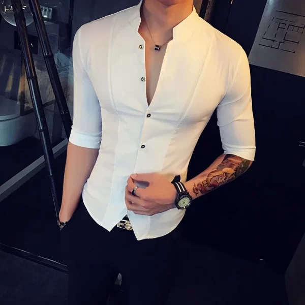 Men's Stand-up Collar Shirt 2024 Summer New Men's Fashion Slim Korean Half Sleeve High Quality Summer Short Sleeve Shirt - Image 3