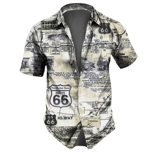 Washed Map Newspaper Style Men Shirts Route 66 Old Fashion Short Sleeve Shirt For Men Lapel Oversize Men Tops - Image 5