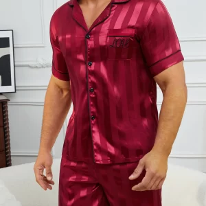 Men's Pajamas Set Summer Sleepwear Set Luxurious Satin Pajamas with Soft Comfortable Short Sleeve Button-Up Top & Shorts
