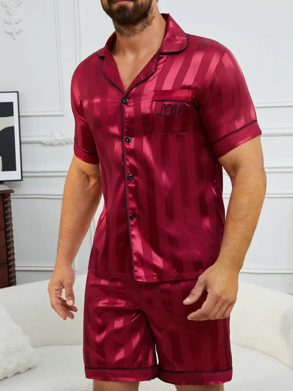 Men's Pajamas Set Summer Sleepwear Set Luxurious Satin Pajamas with Soft Comfortable Short Sleeve Button-Up Top & Shorts