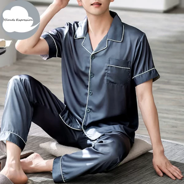 Summer 4XL Blue Loungewear Pyjamas imitate Silk Men's Pajama Sets Satin Pajama Male Sleepwear Pyjamas Nightwear Homewear Fashion - Image 3