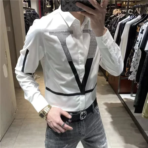 Spring Autumn New Diamonds Print Letter Shirt Man Casual Long Sleeve All-match Blouse Korean Fashion Y2K Top Letter Male Clothes - Image 3