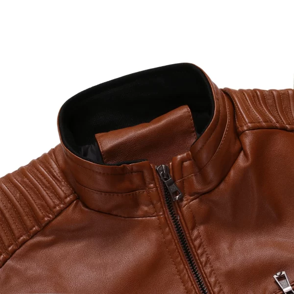 Men's Jacket solid Colors leather jackets male Stand Collar Motor Slim Multi Pockets jackets male Vintage Classic Leather Jacket - Image 5