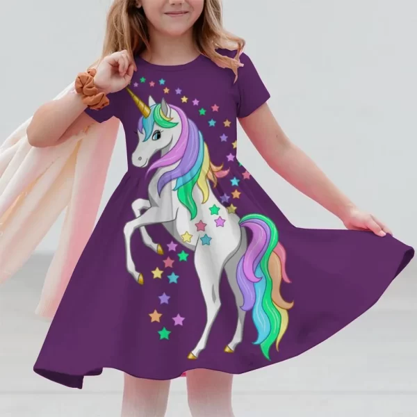 New Unicorn Party Casual Home Dress for Children Aged 3-14 with 3D Printed Short Sleeve Dress in 2025 - Image 2
