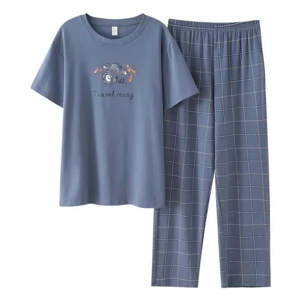 New Summer Fashion Men's Sleepwear Soft Cotton Pajamas Set for Gentleman Round Collar Grey Plain Loose Loungewear for Young Man - Image 12