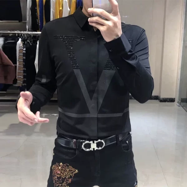 Spring Autumn New Diamonds Print Letter Shirt Man Casual Long Sleeve All-match Blouse Korean Fashion Y2K Top Letter Male Clothes - Image 5