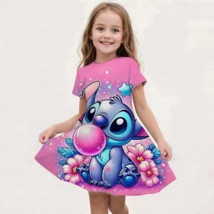 Summer New Children's Clothing 3d Printed Romantic Stitch Cute Girl Short-Sleeved Dress 3-14 Years Old Kids Performance Clothing