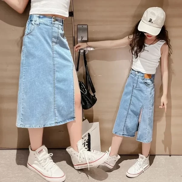 2024 New Summer Half Skirt Children Girls' Denim Skirt Fried Street Dress Slimming Half Skirt Plaid Skirt - Image 3