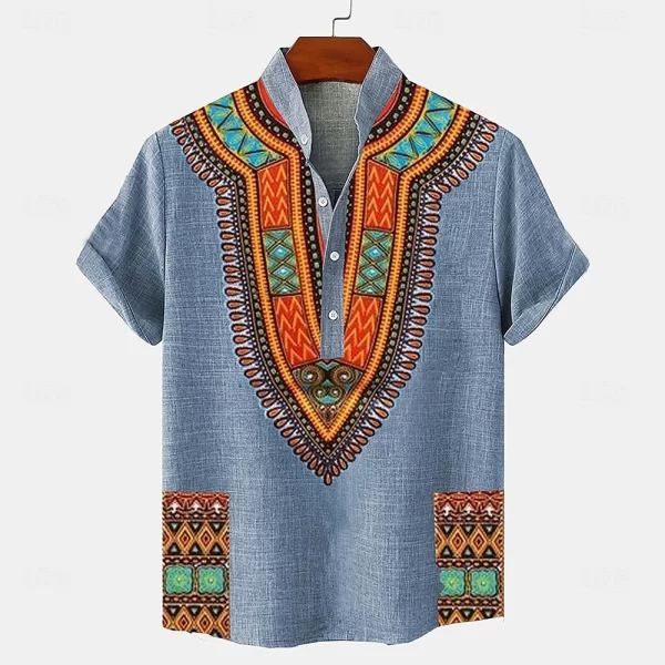 Men's Tops Pullover Linen Men's Tribal Totem Short Sleeve Shirt Half Cardigan Button Stand Collar New Shirt Linen Men's Tops - Image 4