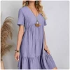 Women Summer Peplum Dresses Spring V-Neck Short Sleeve Loose Waist Ruffle Fit Flare Vocation Dresses - Image 4