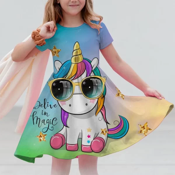 New Unicorn Party Casual Home Dress for Children Aged 3-14 with 3D Printed Short Sleeve Dress in 2025