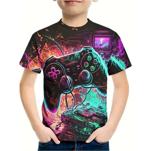T-Shirt for a Boy 3D Print Gamepad Doodle Boy's T-Shirts Casual Round Neck Short Sleeves Tops Kids Summer Children's Clothing - Image 6