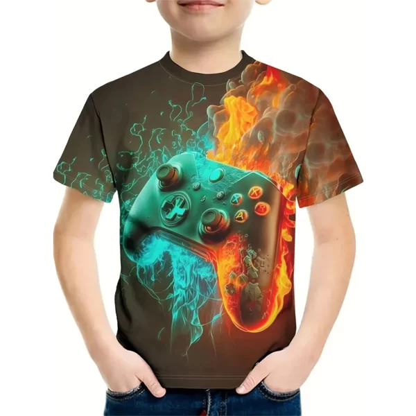 T-Shirt for a Boy 3D Print Gamepad Doodle Boy's T-Shirts Casual Round Neck Short Sleeves Tops Kids Summer Children's Clothing - Image 2