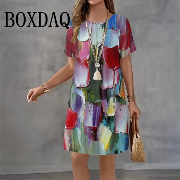 Tie-Dye Women's Clothing Dresses Loose Elegant Woman Oil Painting Dresses Street Art Colorful Round Neck Dress Short Sleeve 2025