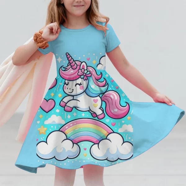 New Unicorn Party Casual Home Dress for Children Aged 3-14 with 3D Printed Short Sleeve Dress in 2025 - Image 3