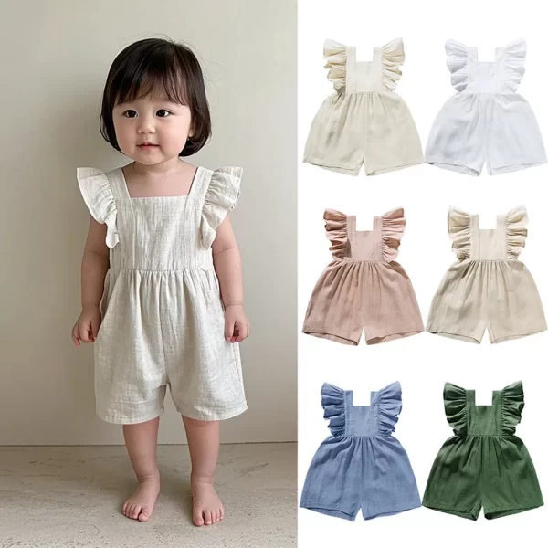 New Summer Girls' Baby Cotton and Linen Jumpsuit Cute Ruffled Straps Romper for Kid's Toddler Solid Overalls Infant Clothes 0-3Y