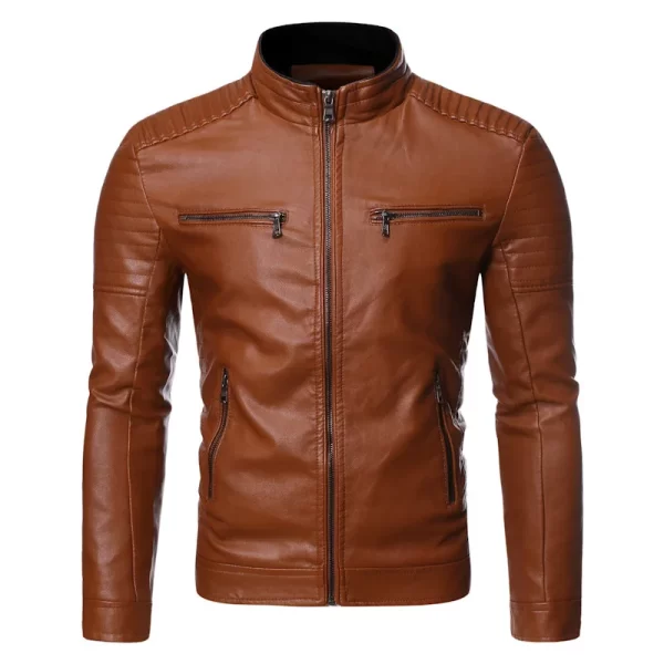 Men's Jacket solid Colors leather jackets male Stand Collar Motor Slim Multi Pockets jackets male Vintage Classic Leather Jacket - Image 9