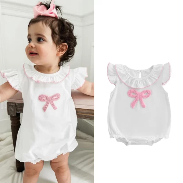 FOCUSNORM 0-18M Lovely Baby Girls Cute Rompers Bow Embroidery Ruffles Fly Sleeve Infant Bodysuits Jumpsuits