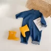 2024 Korean Spring Autunm Children Boys Onesie Cotton Denim Single Breasted Round Collar Jumpsuit Patched Pocket Pants Outfit - Image 2