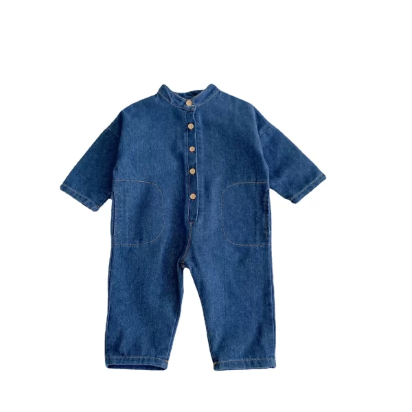 2024 Korean Spring Autunm Children Boys Onesie Cotton Denim Single Breasted Round Collar Jumpsuit Patched Pocket Pants Outfit - Image 5