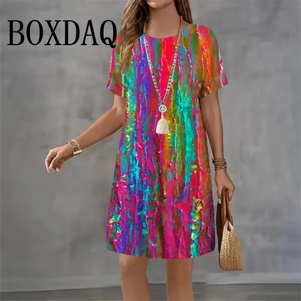 Tie-Dye Women's Clothing Dresses Loose Elegant Woman Oil Painting Dresses Street Art Colorful Round Neck Dress Short Sleeve 2025 - Image 5