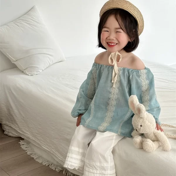 Spring Summer Girls floral embroidery blouses 2024 children cotton loose O-Neck shirt Tops - Image 4