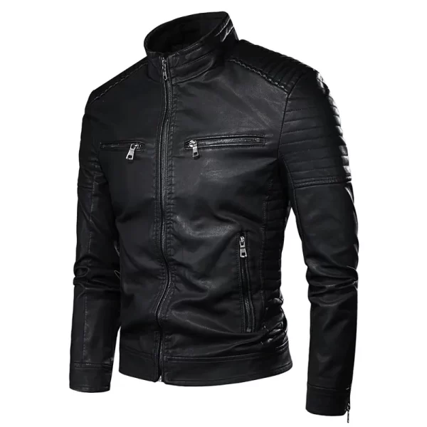 Men's Jacket solid Colors leather jackets male Stand Collar Motor Slim Multi Pockets jackets male Vintage Classic Leather Jacket - Image 4