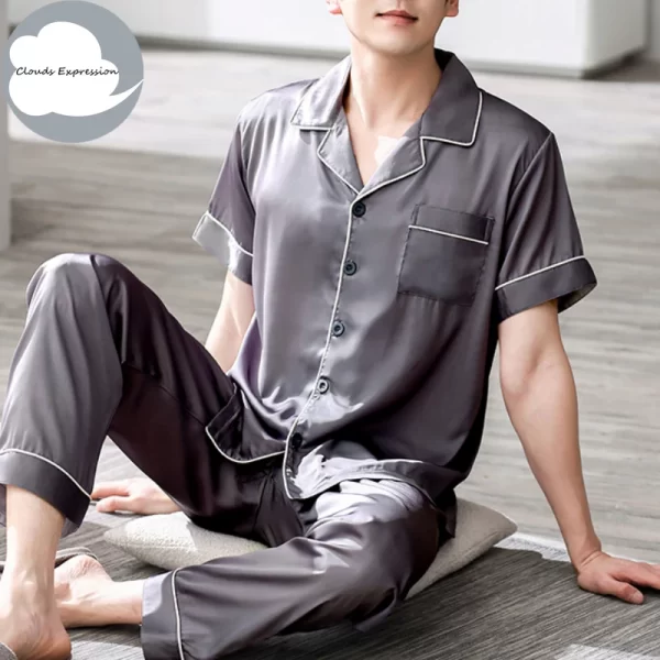 Summer 4XL Blue Loungewear Pyjamas imitate Silk Men's Pajama Sets Satin Pajama Male Sleepwear Pyjamas Nightwear Homewear Fashion - Image 6