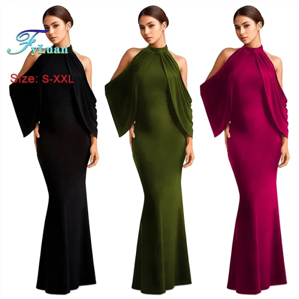 New Fashion Bat Sleeve Long Dresses 2025 Woman Solid Color O Neck Off Shoulder Mermaid Party Women Prom Gowns Birthday Vestidos - Image 4