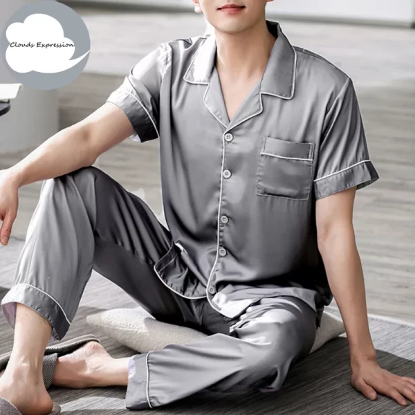 Summer 4XL Blue Loungewear Pyjamas imitate Silk Men's Pajama Sets Satin Pajama Male Sleepwear Pyjamas Nightwear Homewear Fashion - Image 2