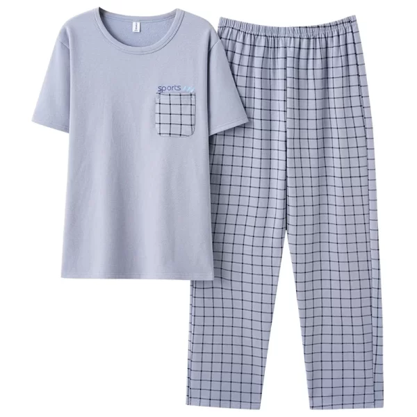 New Summer Fashion Men's Sleepwear Soft Cotton Pajamas Set for Gentleman Round Collar Grey Plain Loose Loungewear for Young Man - Image 21