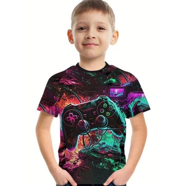 T-Shirt for a Boy 3D Print Gamepad Doodle Boy's T-Shirts Casual Round Neck Short Sleeves Tops Kids Summer Children's Clothing - Image 10