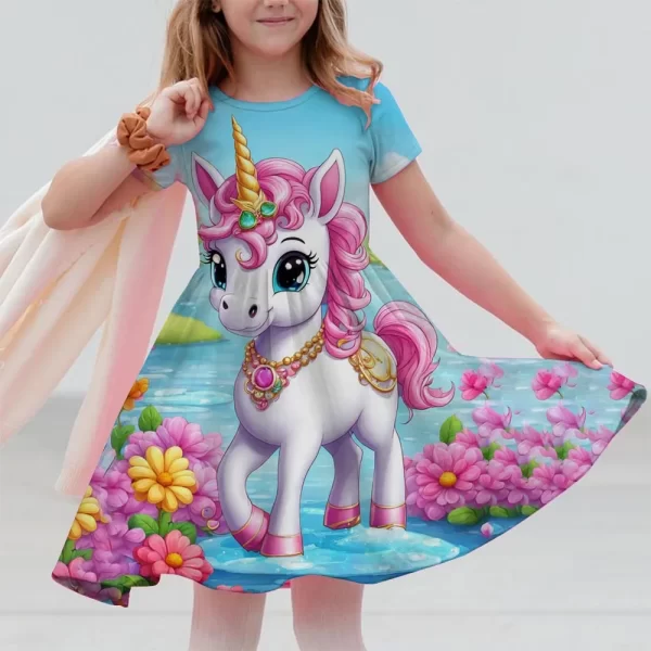 New Unicorn Party Casual Home Dress for Children Aged 3-14 with 3D Printed Short Sleeve Dress in 2025 - Image 18