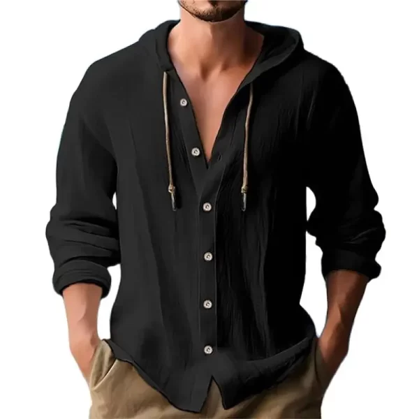 Summer Men's Linen Shirt Solid Streetwear Long Sleeve Hoodie Cardigan Clothing For Men Button Tops Casual Loose Men Hooded Shirt - Image 7