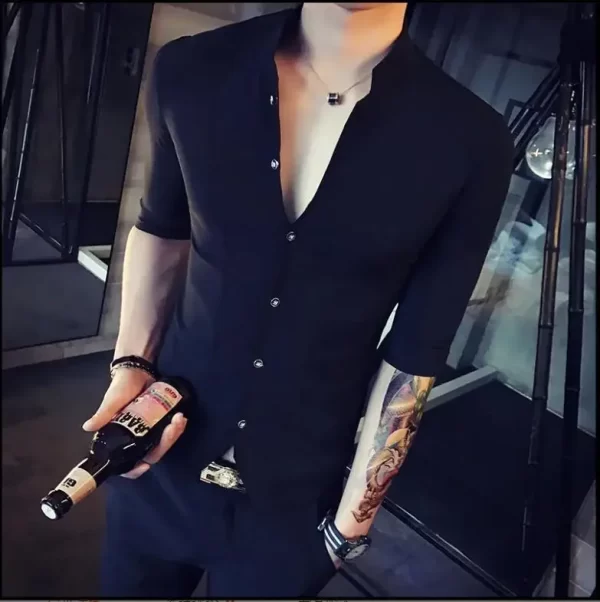 Men's Stand-up Collar Shirt 2024 Summer New Men's Fashion Slim Korean Half Sleeve High Quality Summer Short Sleeve Shirt - Image 5