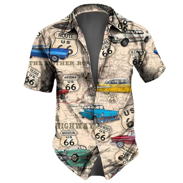 Washed Map Newspaper Style Men Shirts Route 66 Old Fashion Short Sleeve Shirt For Men Lapel Oversize Men Tops - Image 2