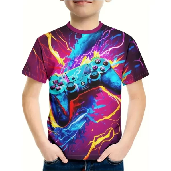 T-Shirt for a Boy 3D Print Gamepad Doodle Boy's T-Shirts Casual Round Neck Short Sleeves Tops Kids Summer Children's Clothing - Image 5