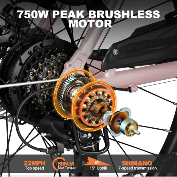 Electric Bike for Adults - 468Wh Removable Battery, 26 inch Step Thru Electric Bicycle, Peak 750W Brushless Motor Ebike, E-Bikes - Image 5