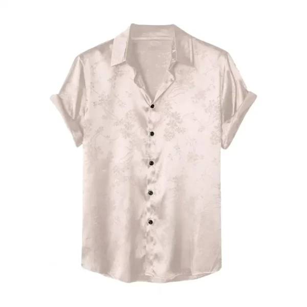 Summer Men Shirt Turn-down Collar Single-breasted Short Sleeve Loose Satin Applique Button Mid Length camisa para hombre - Image 3