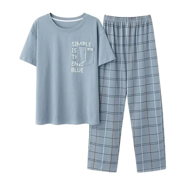 New Summer Fashion Men's Sleepwear Soft Cotton Pajamas Set for Gentleman Round Collar Grey Plain Loose Loungewear for Young Man - Image 6