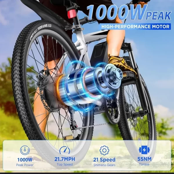 Electric Bike for Adults, 26'' 1000W Peak Ebike, Adjustable Stem, Fenders, Lockable Suspension Fork, 21-Speed - Image 2